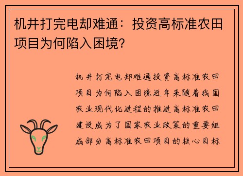 机井打完电却难通：投资高标准农田项目为何陷入困境？